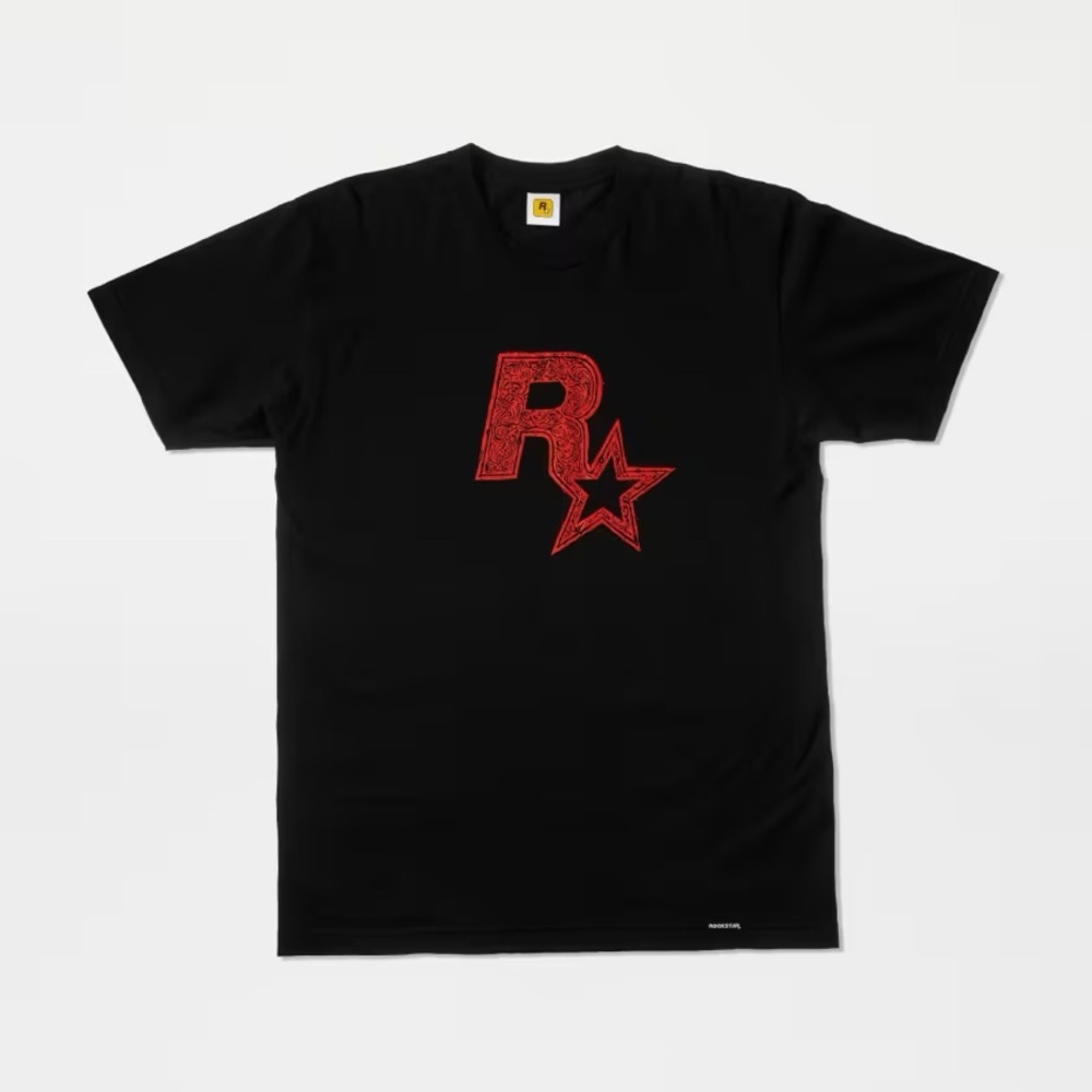 Brand New Rockstar Games Red on Black Linocut Logo Tee with tags